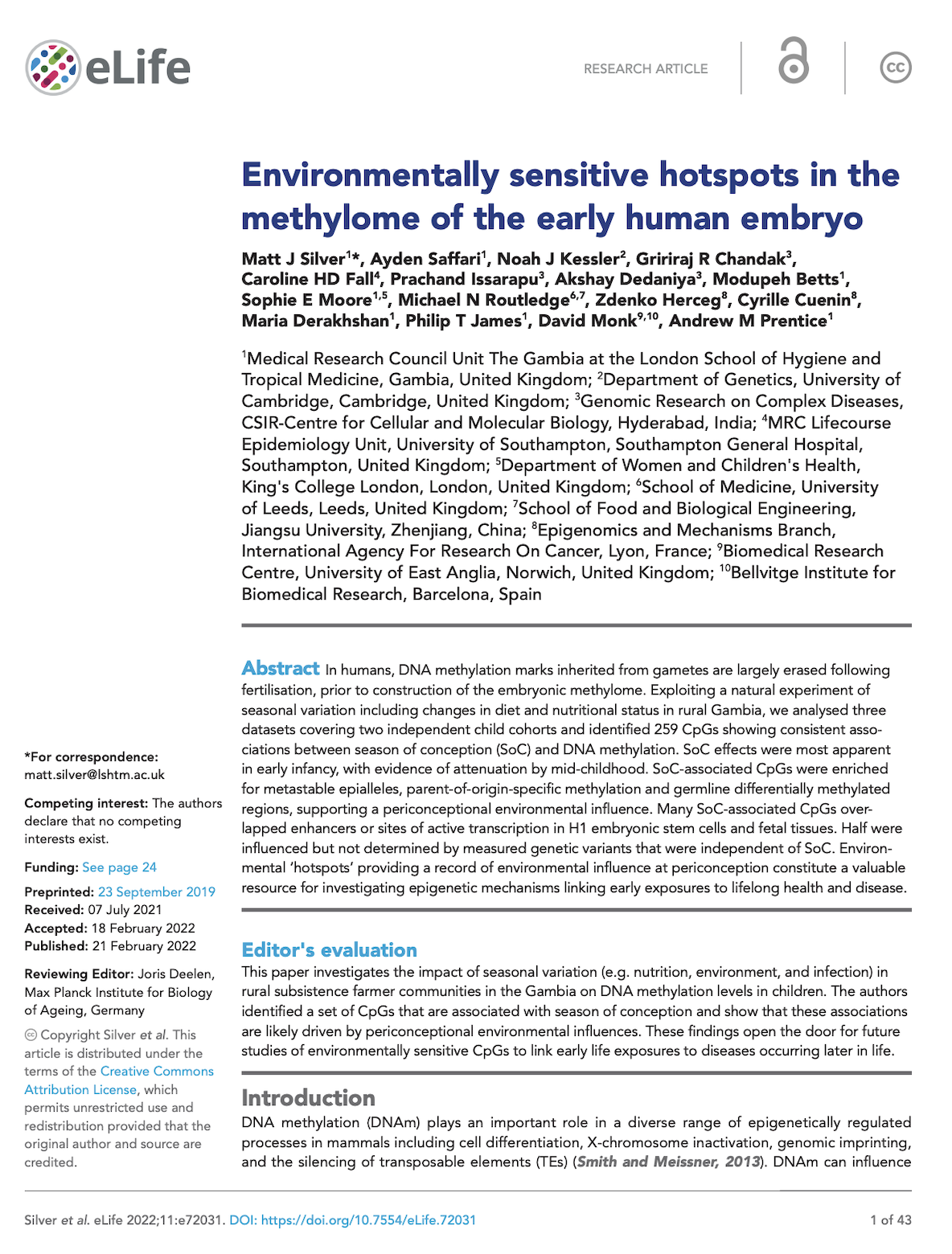 Silver, Matt J, et al. 'Environmentally sensitive hotspots in the methylome of the early human embryo.' Elife 11 (2022):e72031.