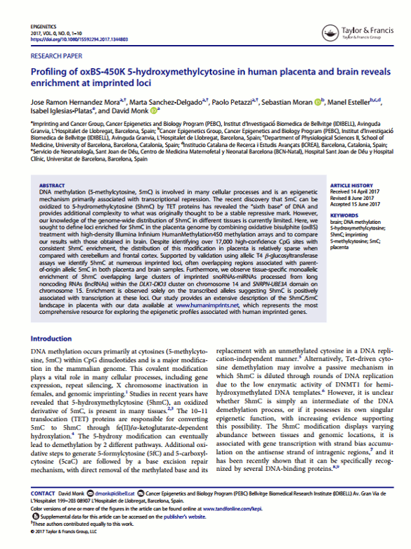 Hernandez Mora, Jose Ramon, et al. 'Profiling of oxBS-450K 5-hydroxymethylcytosine in human placenta and brain reveals enrichment at imprinted loci.' Epigenetics just-accepted (2017): 00-00.